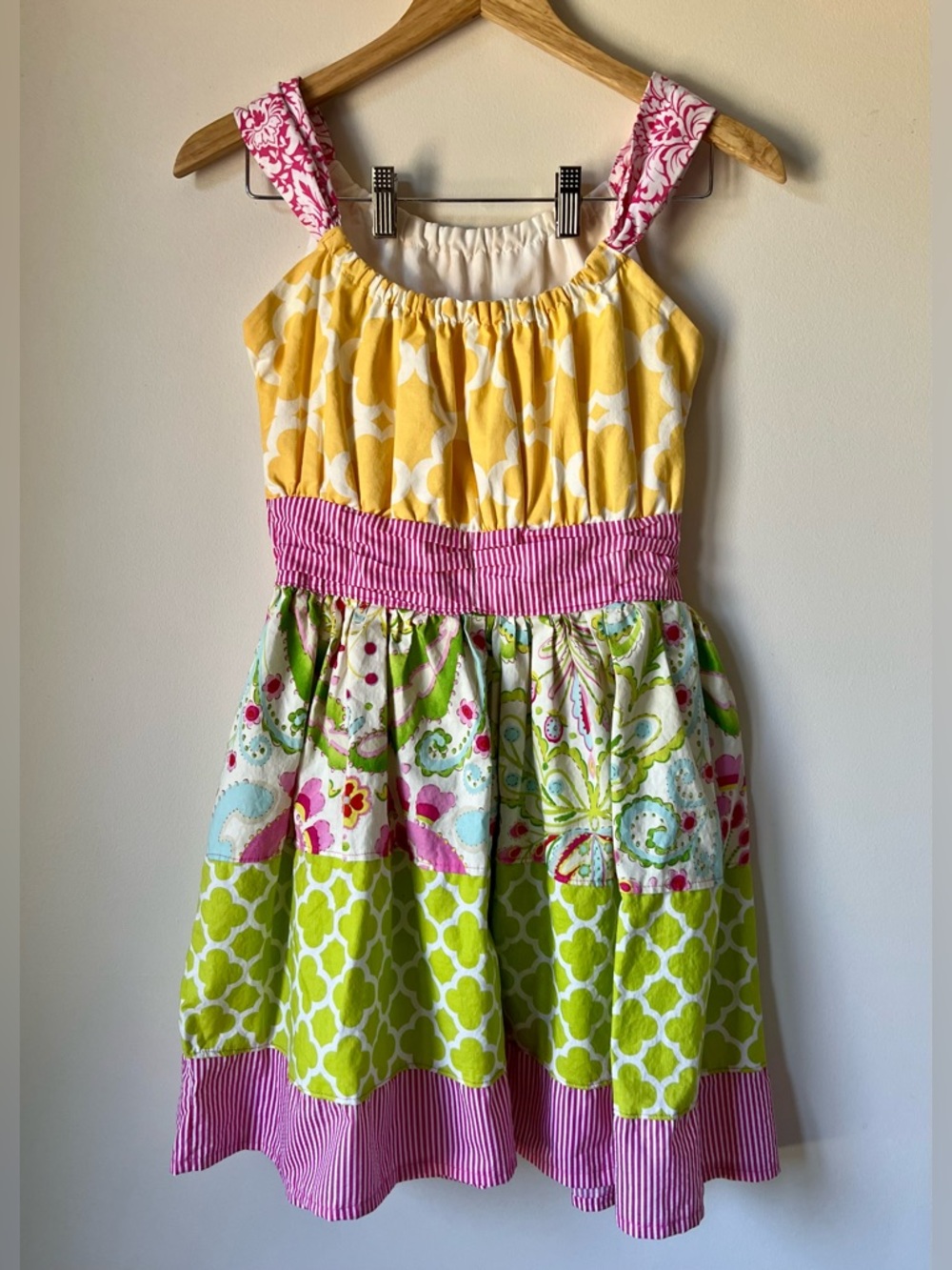 Handmade Mixed Fabric Colorblock Sleeveless Dress Retro Cotton Size 10-12